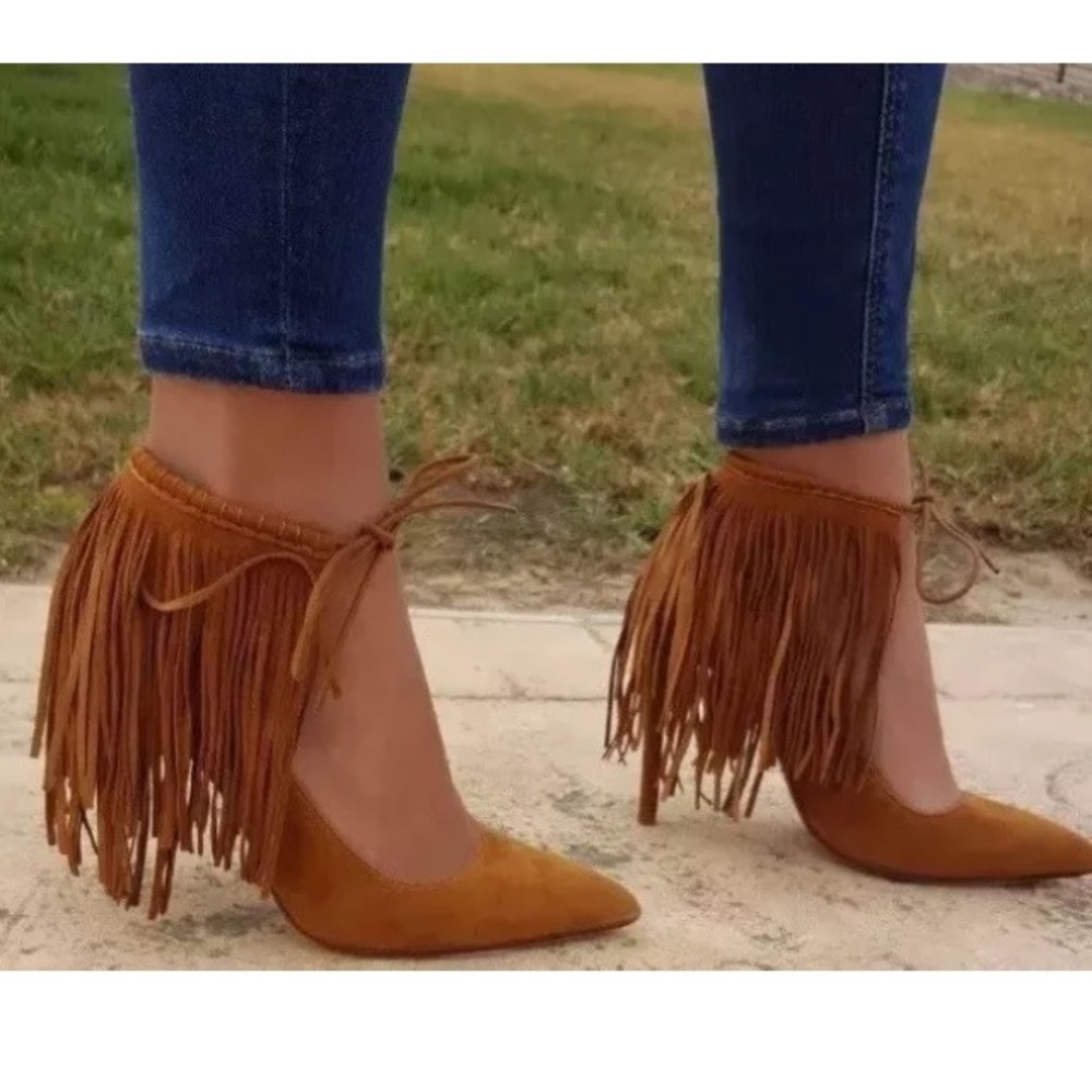 Zara leather fringed ankle tie heels NWT Sz 5